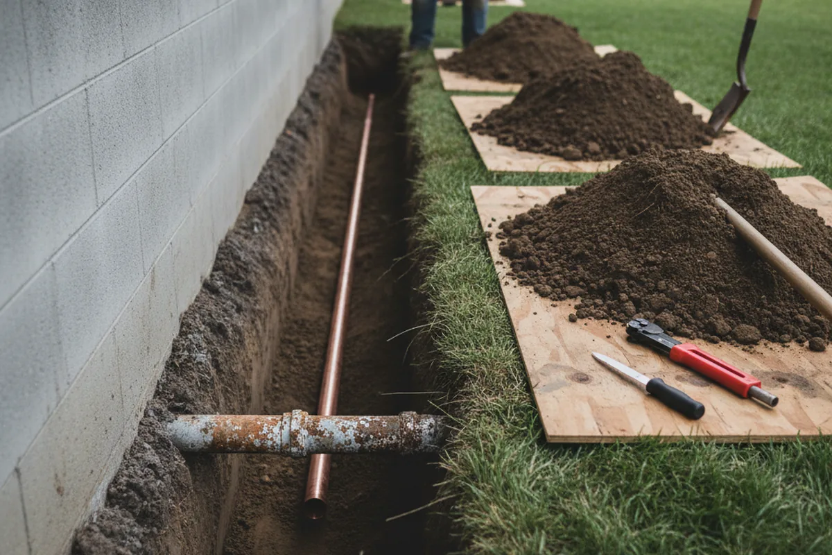 Excavated water line trench during Sewer Line Repair in Hemlock